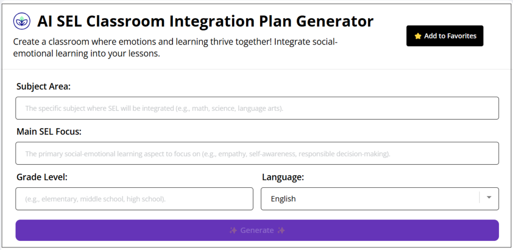 Screenshot of Writify.AI's SEL Classroom Integration Plan Generator.