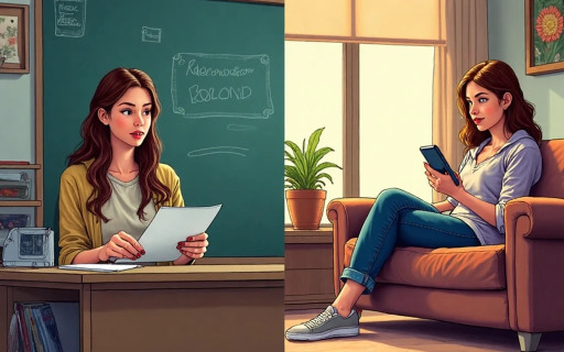 Split image of a young woman in two settings—on the left, she's seated at a desk in a classroom holding papers, and on the right, she's sitting comfortably in an armchair at home using a smartphone.