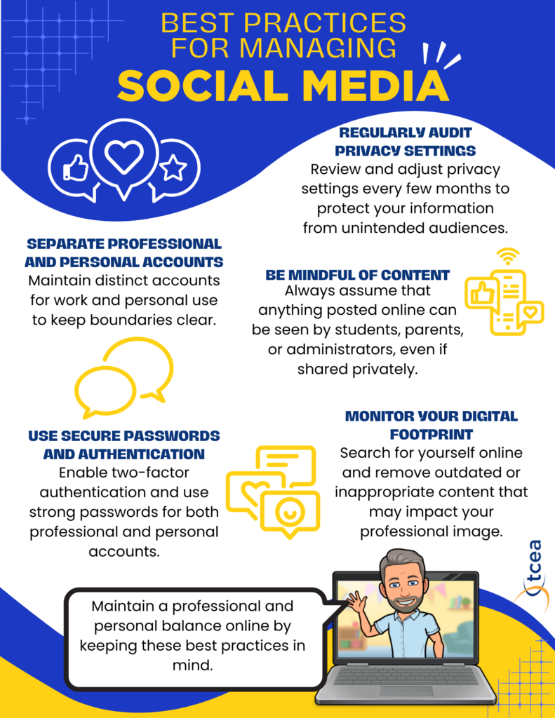 An infographic titled "Best Practices for Managing Social Media" featuring six key tips with icons and illustrations to promote safe, professional online behavior.