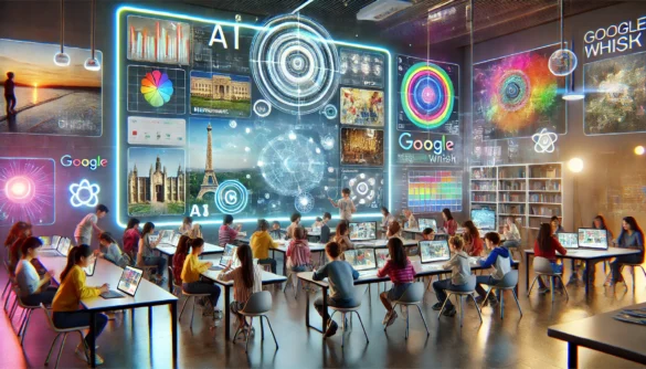 A futuristic classroom filled with students using advanced digital tablets, with holographic displays on the walls showcasing AI-powered visuals, data charts, and interactive elements.
