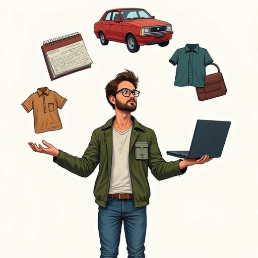 A young man holds a laptop while appearing to juggle floating items around him, including shirts, a car, a planner, and a bag, symbolizing multitasking and life balance.