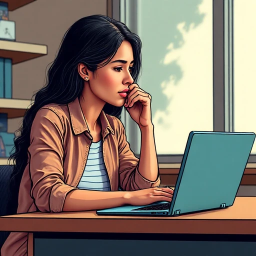 A young woman sits at a desk, intently focused on a laptop screen, with one hand on the keyboard and the other resting thoughtfully on her chin.