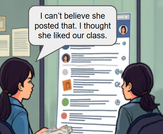 Two students sit at a table, looking at a large screen displaying a social media feed, with one student expressing surprise over a classmate’s negative post.