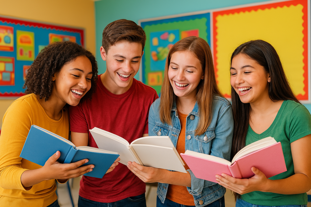 A diverse group of four smiling teenagers stand close together in a colorful classroom, joyfully reading from brightly colored books.