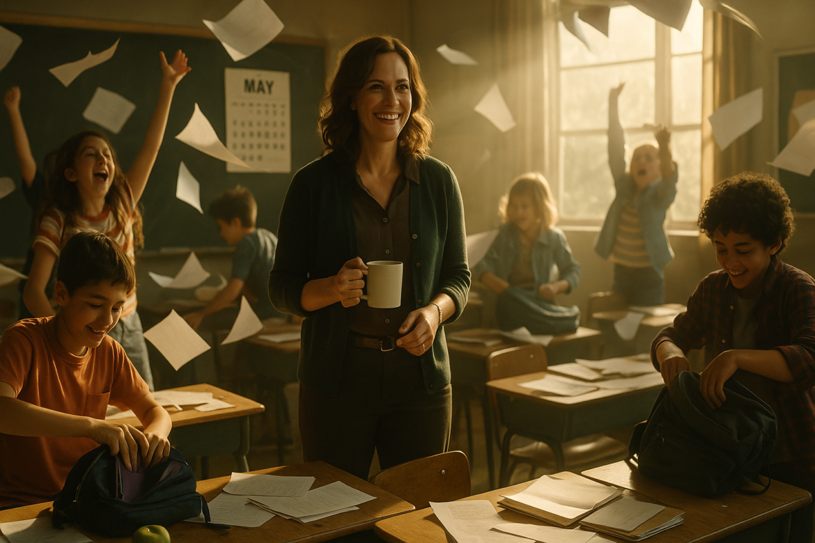 Avoid Teacher Burnout Feature Image A joyful classroom scene with a smiling teacher holding a coffee mug as students throw papers in the air and celebrate around her, sunlight streaming through the windows.