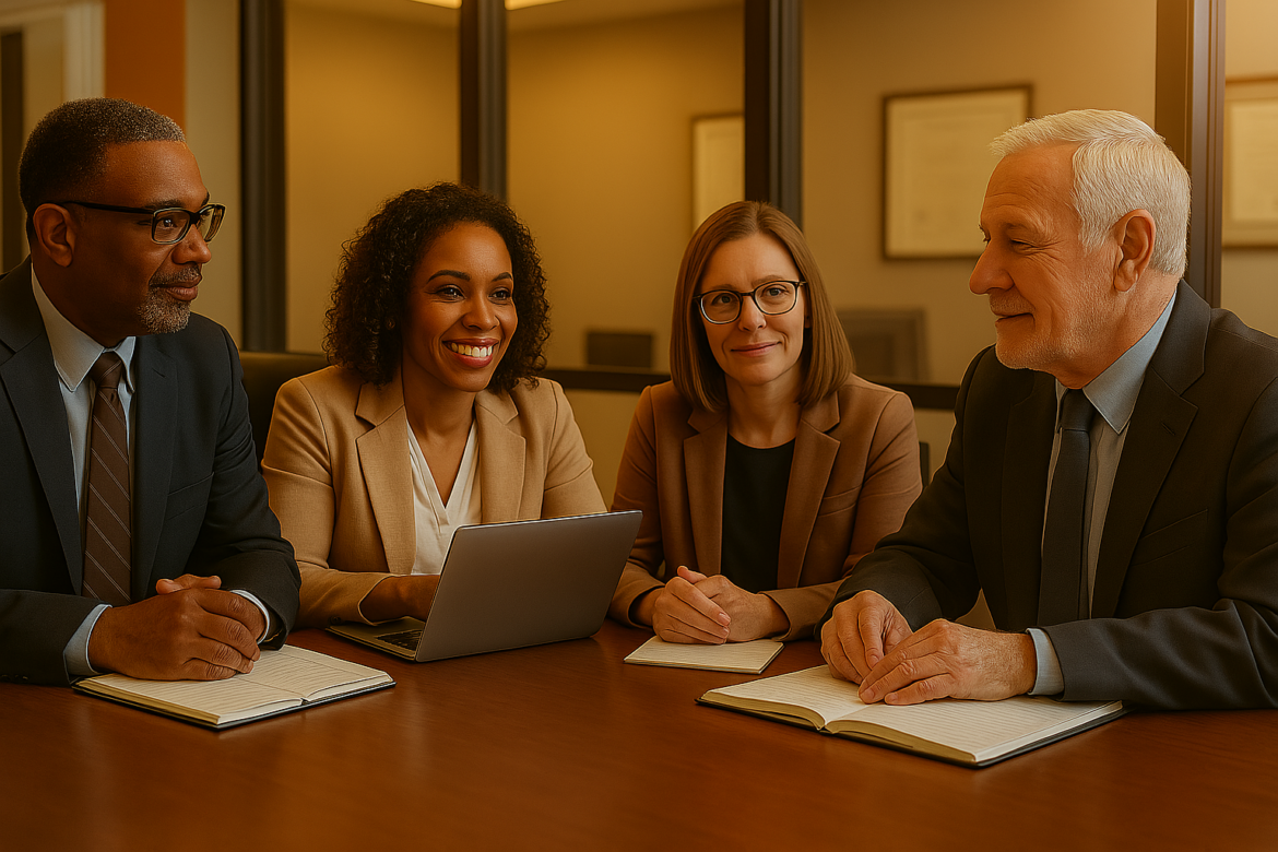 ChatGPT emotional intelligence feature image Four professionally dressed colleagues—two women and two men—sit around a conference table with notebooks and a laptop, engaged in a collaborative business meeting in a warm, well-lit office setting.