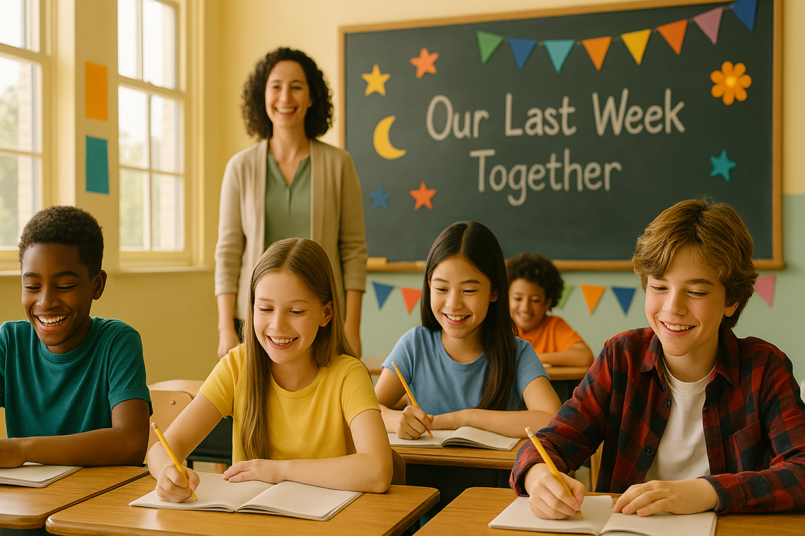 A cheerful classroom scene with five smiling students writing in notebooks, while their teacher stands behind them in front of a chalkboard that reads "Our Last Week Together."