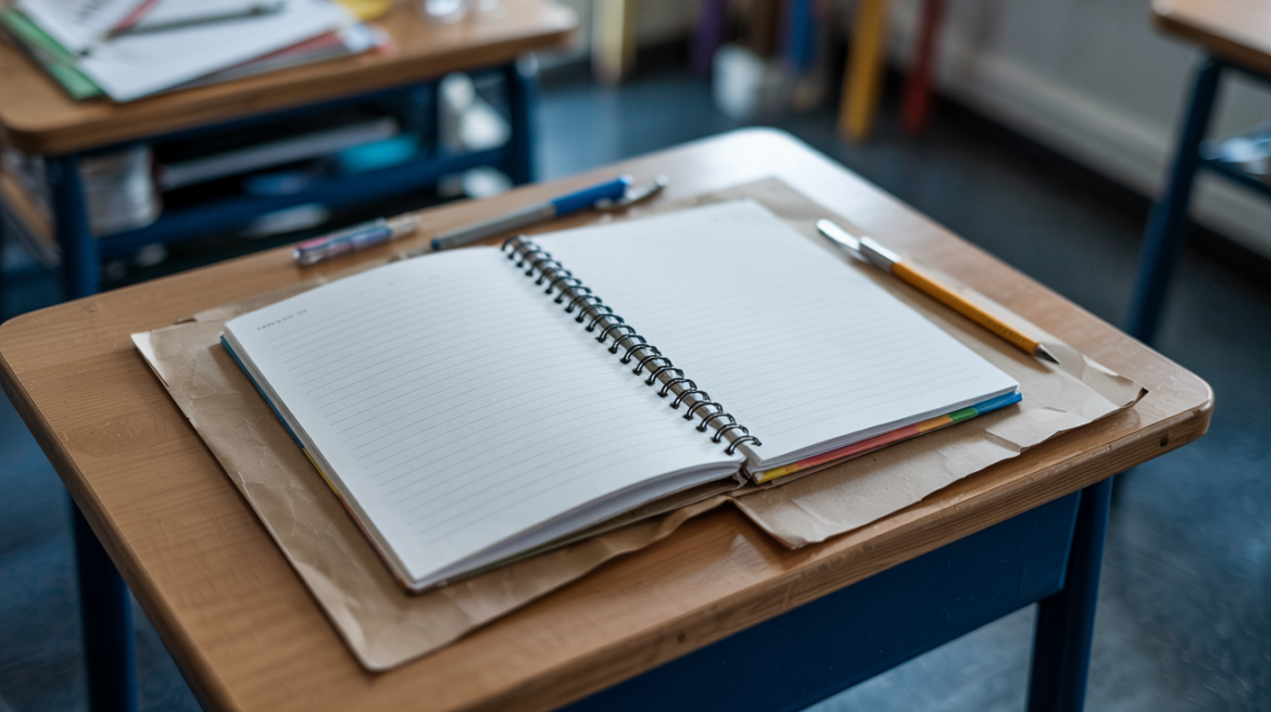 An open spiral notebook with lined pages sits on a wooden student desk, surrounded by a pencil, pens, and folders in a classroom setting.