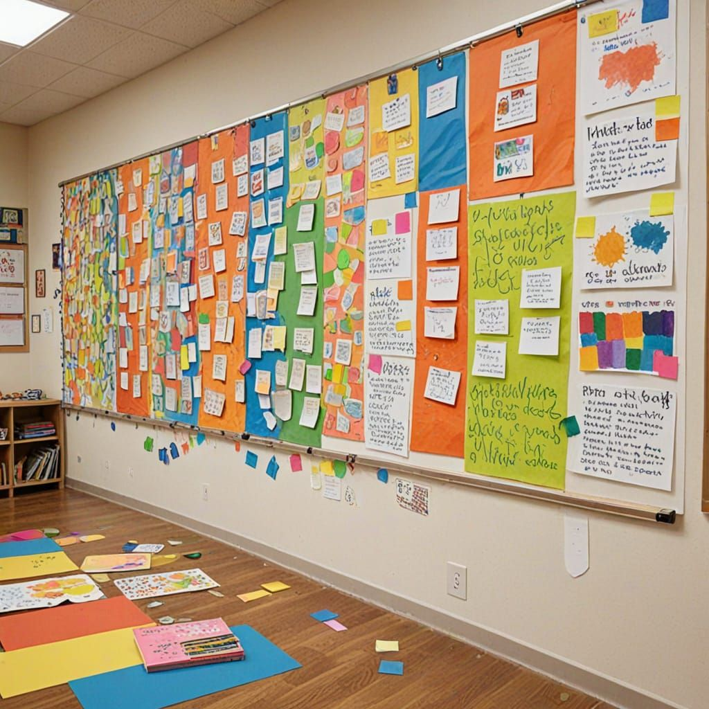 A colorful classroom bulletin board filled with handwritten notes, sticky notes, and student artwork, with additional papers and supplies scattered across the floor.