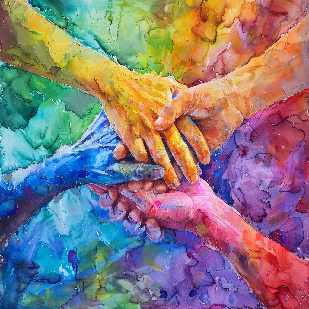 A vibrant, abstract painting of six hands from different directions overlapping in unity, each painted in a unique color palette representing the spectrum of the rainbow.