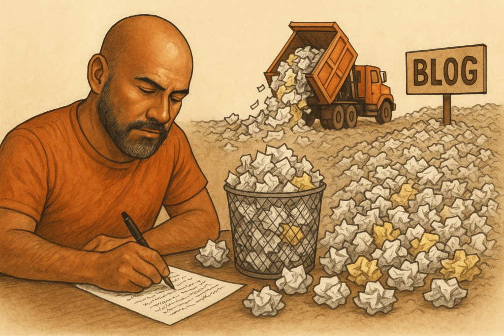 Alt Text: A bald, bearded Hispanic man in his fifties sits at a wooden desk, writing intently on a piece of paper. Beside him, a wire wastebasket overflows with crumpled white and yellow pages. In the background, a garbage truck dumps more crumpled papers into a massive landfill labeled “BLOG,” symbolizing discarded drafts and the creative struggle of writing.