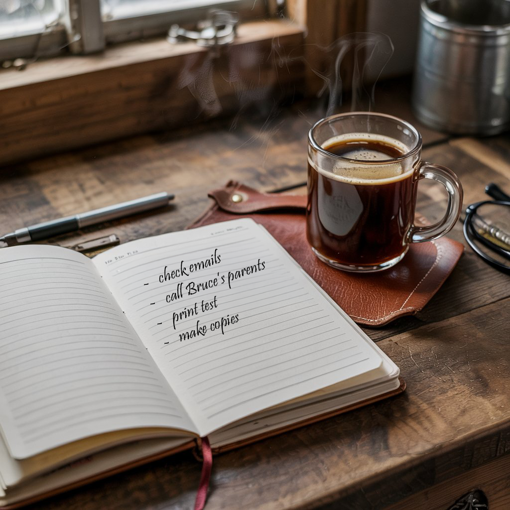An open notebook on a rustic wooden desk displaying a handwritten to-do list beside a steaming cup of coffee in a clear glass mug, with a pen, leather cover, and soft window light completing the cozy scene.