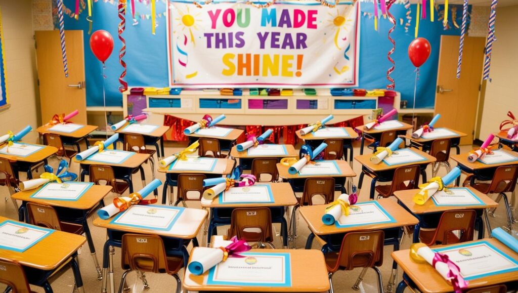 A cheerful classroom decorated for an end-of-year celebration, with student desks neatly arranged. Each desk has a certificate and a rolled-up paper tied with ribbon. A colorful banner at the front reads, “You Made This Year Shine!” with balloons, streamers, and festive decorations creating a celebratory atmosphere.