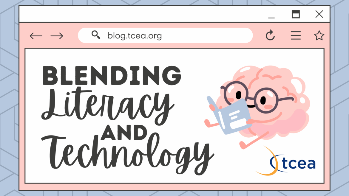 Blending Traditional Literacy and Technology A title slide showing the words "blending traditional literacy and technology" on a pink and blue web page background.