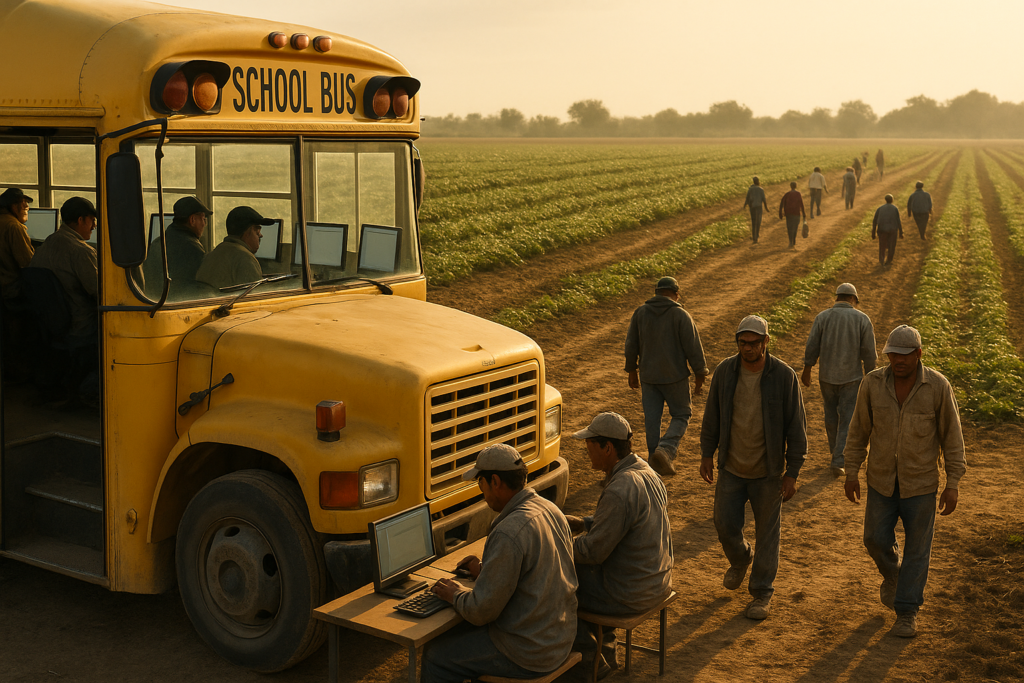 ChatGPT-generated image of bus in a field with migrant workers accessing computers inside it and on a table in front of it