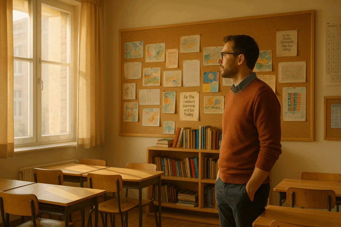 Finding Your Ikigai Featured Image The teacher is looking thoughtfully at a bulletin board filled with student work, books, and inspirational quotes. The classroom has soft natural lighting, wooden desks, and educational posters. The teacher wears casual professional attire and has a calm, reflective expression.