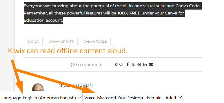 Screenshot of offline copy of a TCEA blog page with read aloud features emphasized