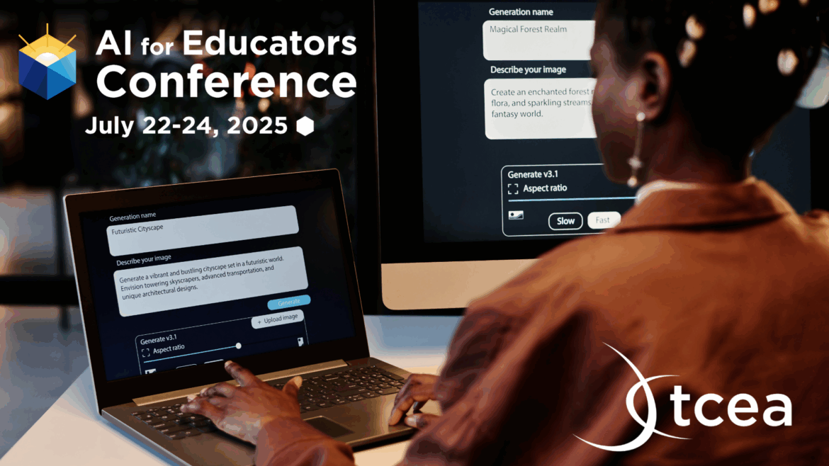 AI for Educators Blog 2025 A title image showing a woman using generative AI software on her laptop screen.