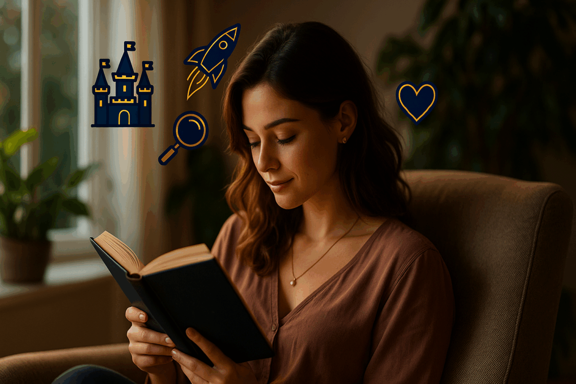 ChatGPT – Lady reading book and thinking about what she is reading A young woman reading a book in a cozy armchair, surrounded by illustrated icons of a castle, a rocket, a magnifying glass, and a heart, symbolizing imagination and storytelling.