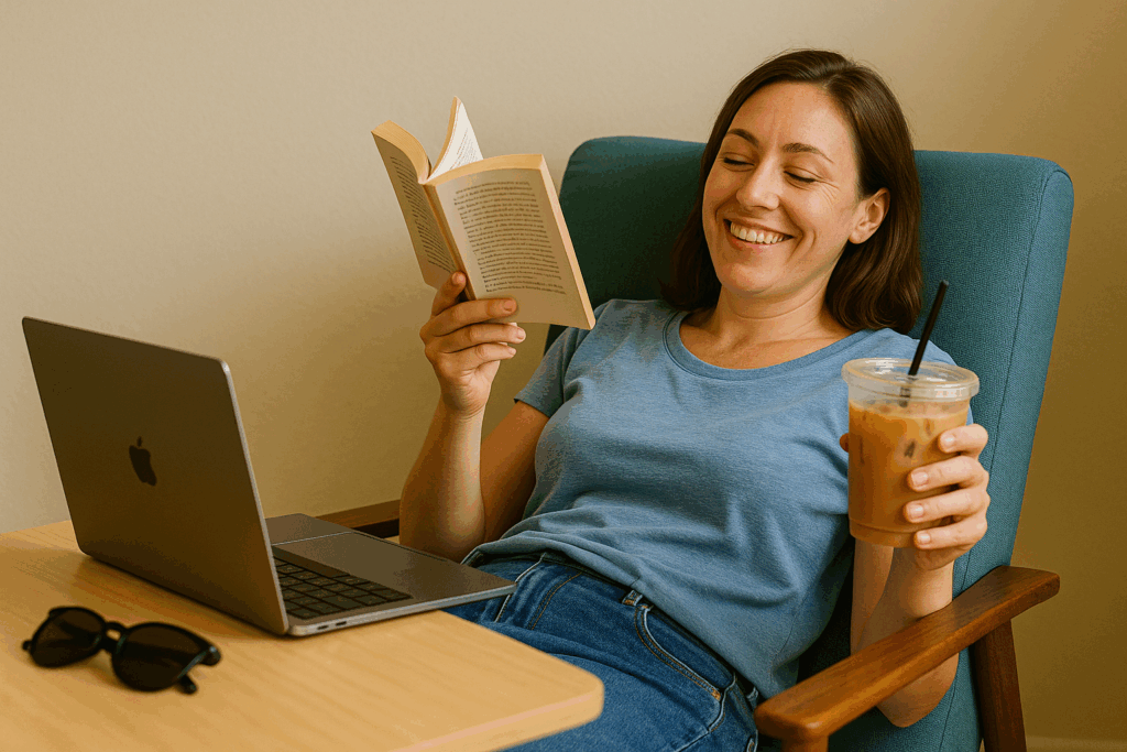A smiling woman relaxes in a teal armchair, holding a book in one hand and an iced coffee in the other, with a laptop and sunglasses on the desk beside her.