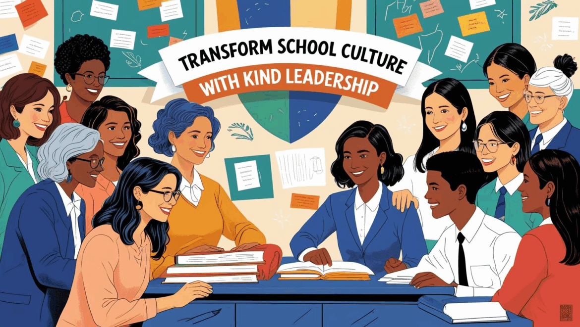Transform School Culture with Kind Leadership Featured Image A diverse group of educators sit and stand together around a table, smiling and collaborating beneath a banner that reads "Transform School Culture with Kind Leadership."
