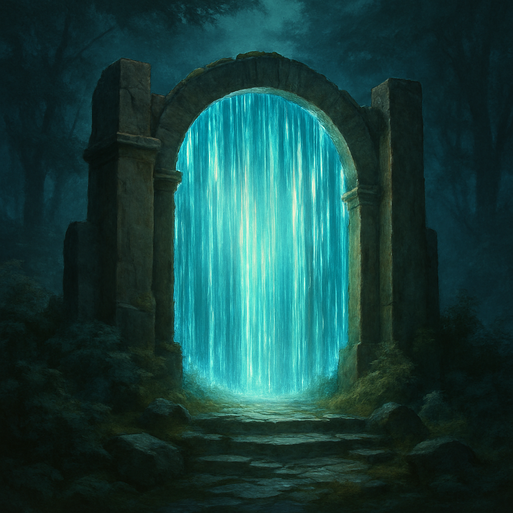 A digital painting depicts an ancient, moss-covered stone archway standing in a shadowy, twilight forest. In the center of the archway shimmers a glowing blue portal, cascading like vertical streams of light or energy. The forest around it is dense and dark, with mist drifting between trees and soft blue-green hues illuminating the scene. A stone path leads up to the portal, suggesting a sense of mystery and passage to another world.