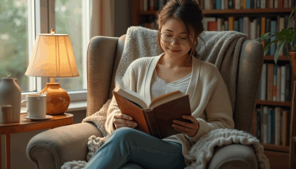 A young woman with glasses sits in a cushy armchair draped in a knit throw, reading a hardcover book; beside her, a wooden side table holds a glowing lamp, a mug, and ceramic vases, while a bookshelf filled with books and a potted plant form the background.