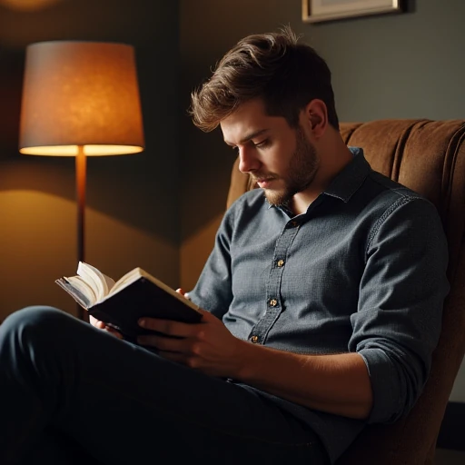 A bearded young man sits in a brown upholstered armchair under the warm glow of a floor lamp, deeply focused on reading a small hardcover book.