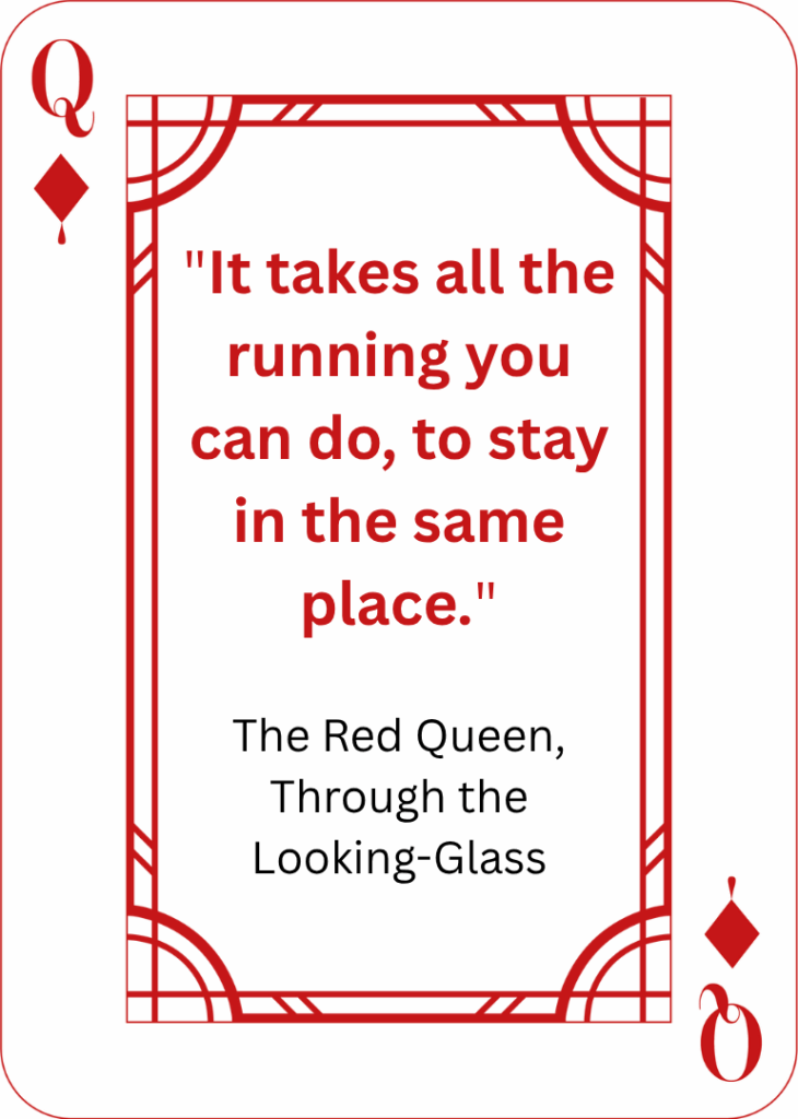 A playing card styled as the Queen of Diamonds, featuring a red border and diamond symbols. In the center, a quote in red text reads: "It takes all the running you can do, to stay in the same place." At the bottom, black text attributes the quote to The Red Queen from "Through the Looking-Glass."