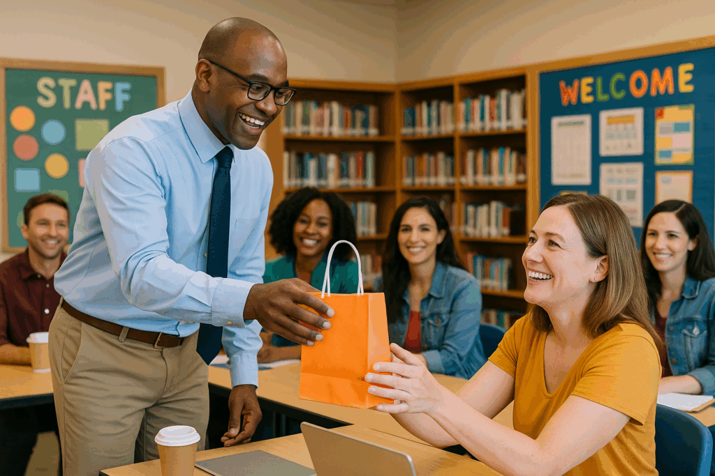 A smiling administrator hands an orange gift bag to a cheerful teacher seated at a table during a staff meeting, while other teachers look on and smile in a welcoming classroom setting.