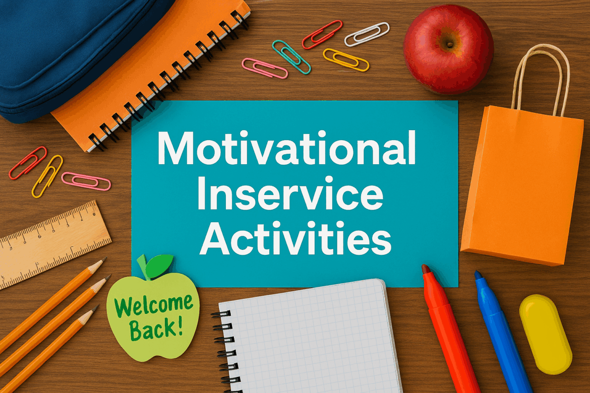 motivational inservice activities featured image A colorful flat lay of school supplies including notebooks, pencils, paper clips, an apple, markers, and a small orange gift bag arranged around a blue sign that reads "Motivational Inservice Activities".