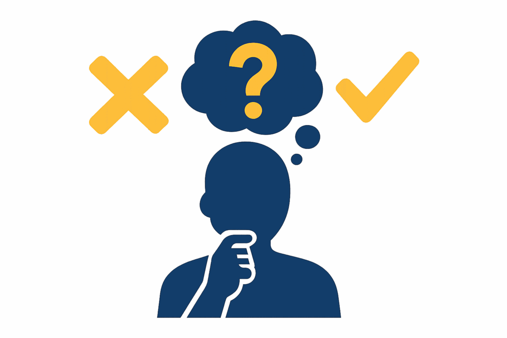 A blue silhouette of a person in a thinking pose with a thought bubble above their head containing a yellow question mark, flanked by a glowing yellow X on the left and a glowing yellow check mark on the right.