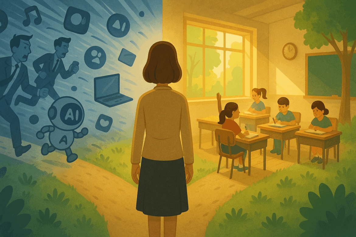 sustainable technology red queen race main header image A teacher stands at a crossroads between a chaotic digital world filled with AI robots, businesspeople, and social media icons on one side, and a warm, sunlit classroom where children are calmly engaged in their studies on the other.