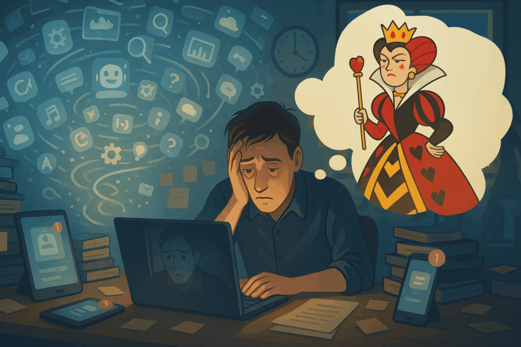 A stressed man sits at his cluttered desk late at night, overwhelmed by swirling digital notifications, while imagining the Queen of Hearts from "Alice in Wonderland" standing sternly in his thought bubble.
