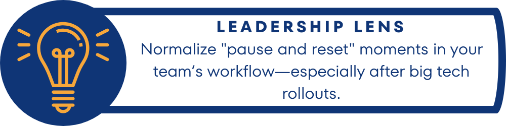 A graphic with a light bulb icon on the left and text on the right reading: "LEADERSHIP LENS - Normalize 'pause and reset' moments in your team’s workflow—especially after big tech rollouts."