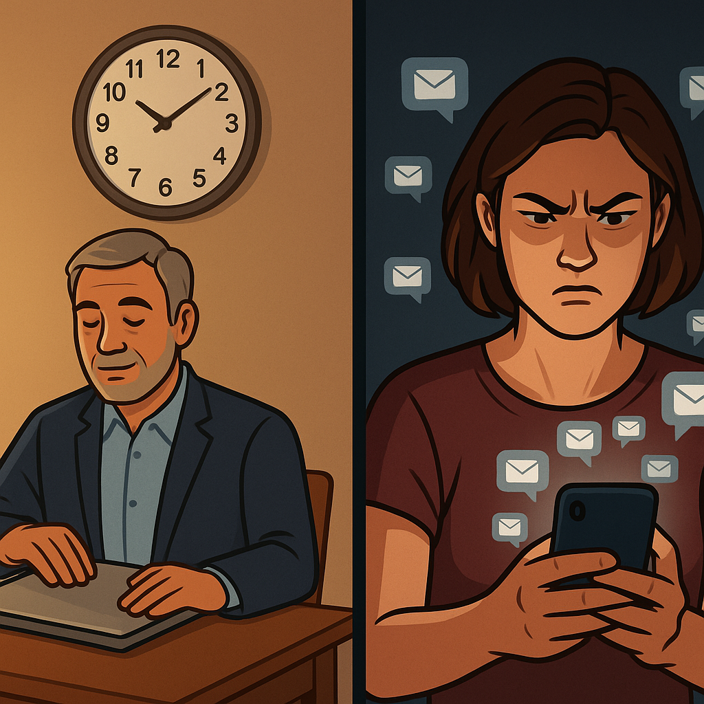 A split-screen illustration shows a man in a suit peacefully closing his laptop at 5 p.m., while on the other side, a frustrated woman angrily looks at her phone as message notifications flood her screen in the dark.