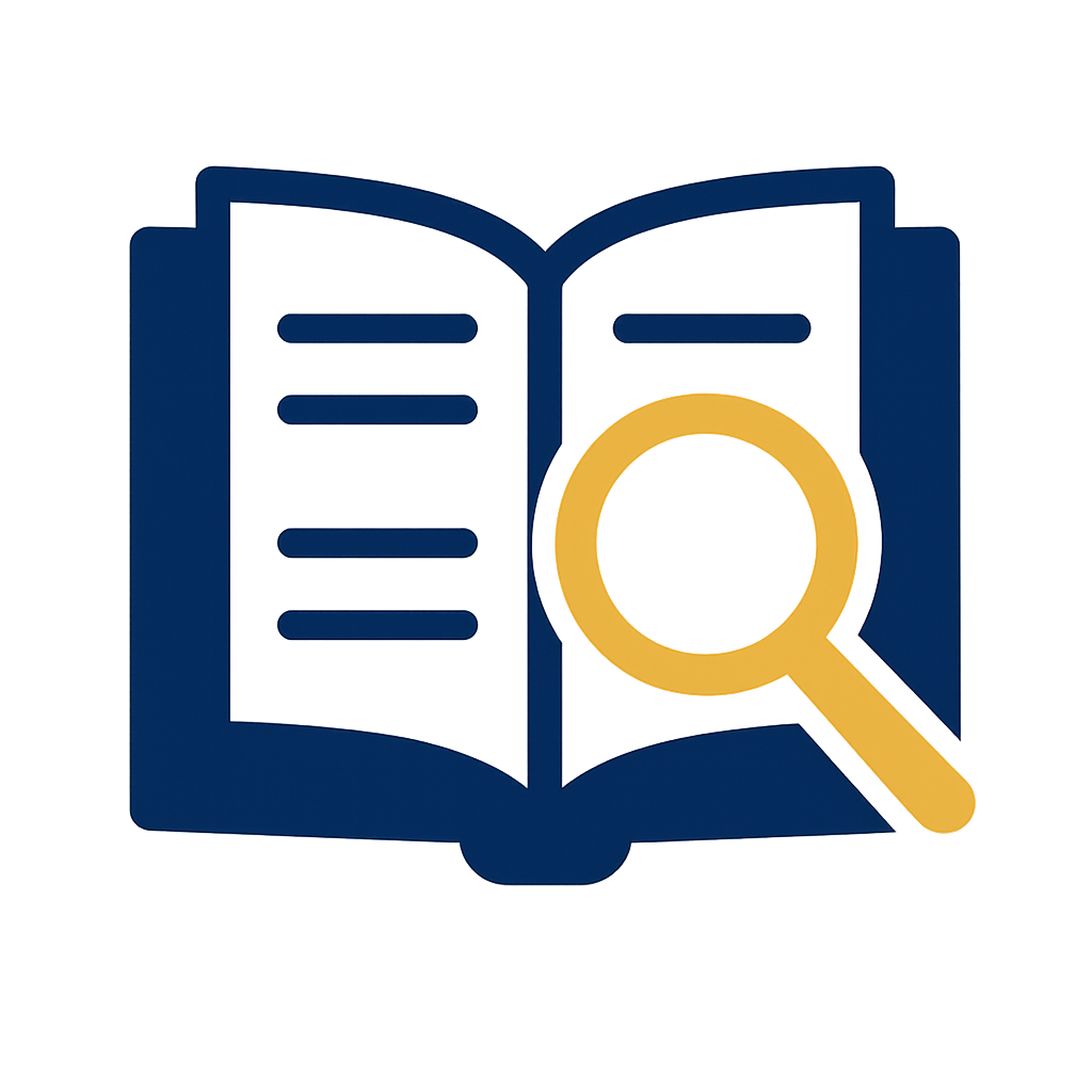 Minimalist icon of a dark blue open book with simple text lines, overlaid by a glowing yellow magnifying glass, symbolizing detailed study and focused analysis.