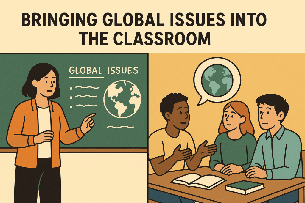 Split-frame flat illustration showing a teacher at a chalkboard labeled "Global Issues" on the left, and a diverse group of students discussing global topics with books on the table on the right.