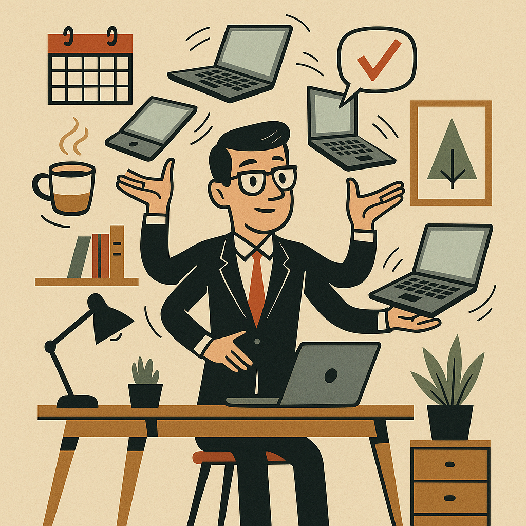 Illustration of a multitasking businessman in a suit with multiple arms juggling laptops, a tablet, and a coffee cup, surrounded by office decor and productivity symbols.