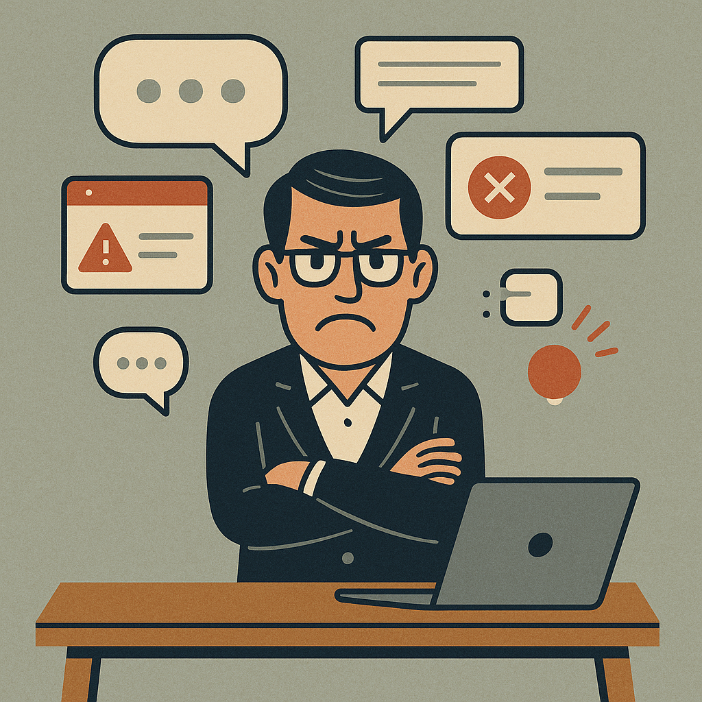 Illustration of a frustrated businessman with crossed arms sitting at a desk, surrounded by warning signs, error messages, and speech bubbles indicating digital communication overload