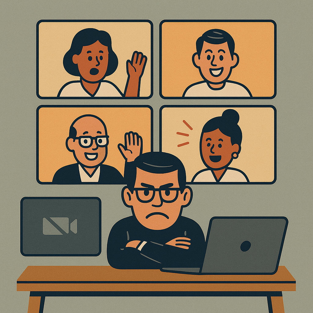 Illustration of a frustrated man sitting at a desk during a video conference with four cheerful participants, each in their own video chat window