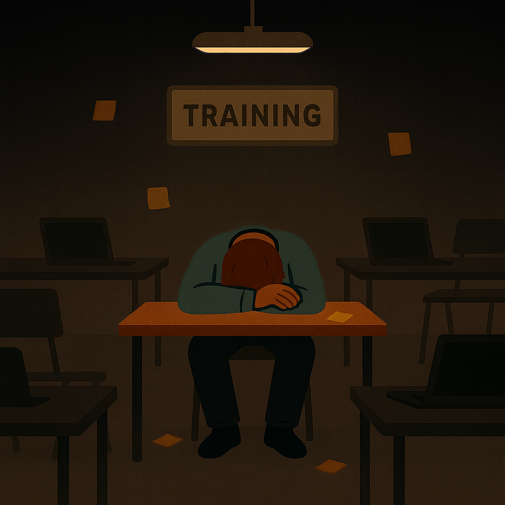 Illustration of a person slumped over a desk in a dimly lit training room, surrounded by empty chairs, laptops, and scattered sticky notes.