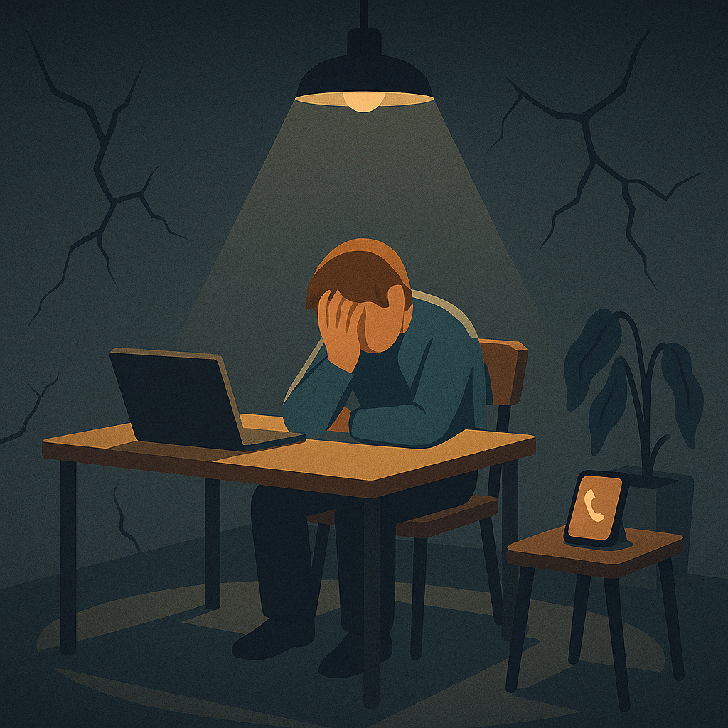 Illustration of a person sitting at a desk under a single overhead light, head in hand, with a laptop in front and a phone showing an incoming call nearby, set in a dark, cracked-walled room