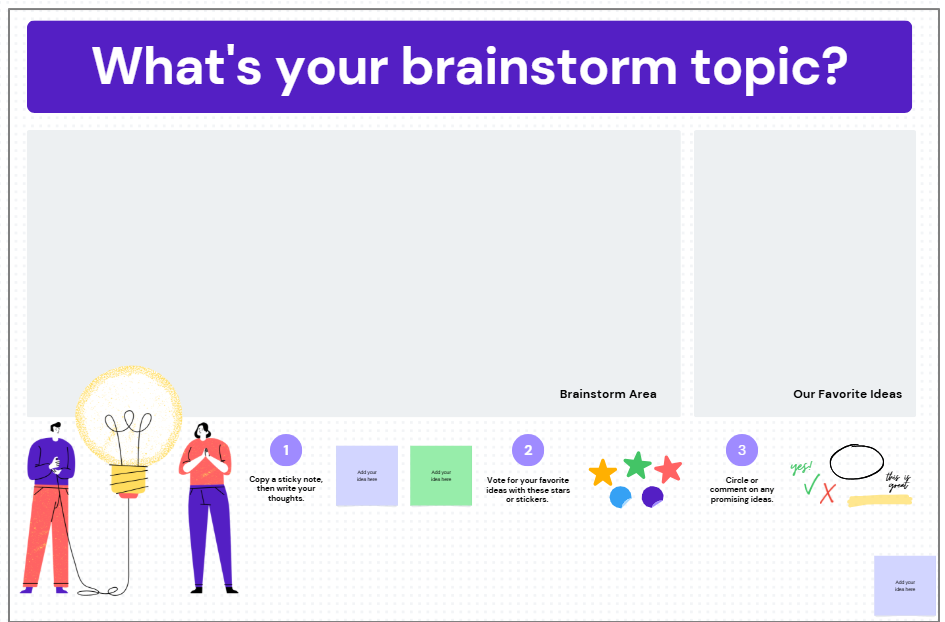 A colorful brainstorming template titled "What's your brainstorm topic?" with sections for idea generation, favorite ideas, sticky notes, and voting tools using stars and stickers.