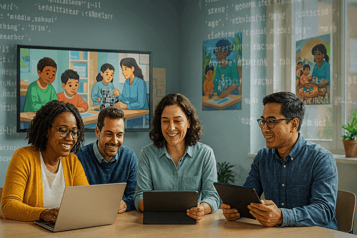 AI-Generated Images ChatGPT JSON feature image Four smiling adults of diverse backgrounds collaborate at a table using laptops and tablets, with colorful educational posters and projected code in the background.