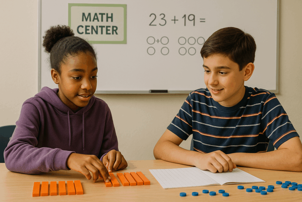 Two students sitting at a desk in a classroom work together on a math problem using orange base ten blocks and blue counters, with a whiteboard behind them displaying an addition equation.