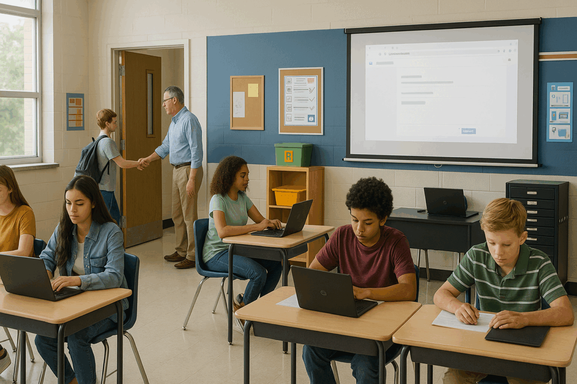 Classroom procedures Middle school students work on laptops at their desks while a teacher welcomes a student entering the classroom. A digital lesson is projected on a screen at the front of the room.