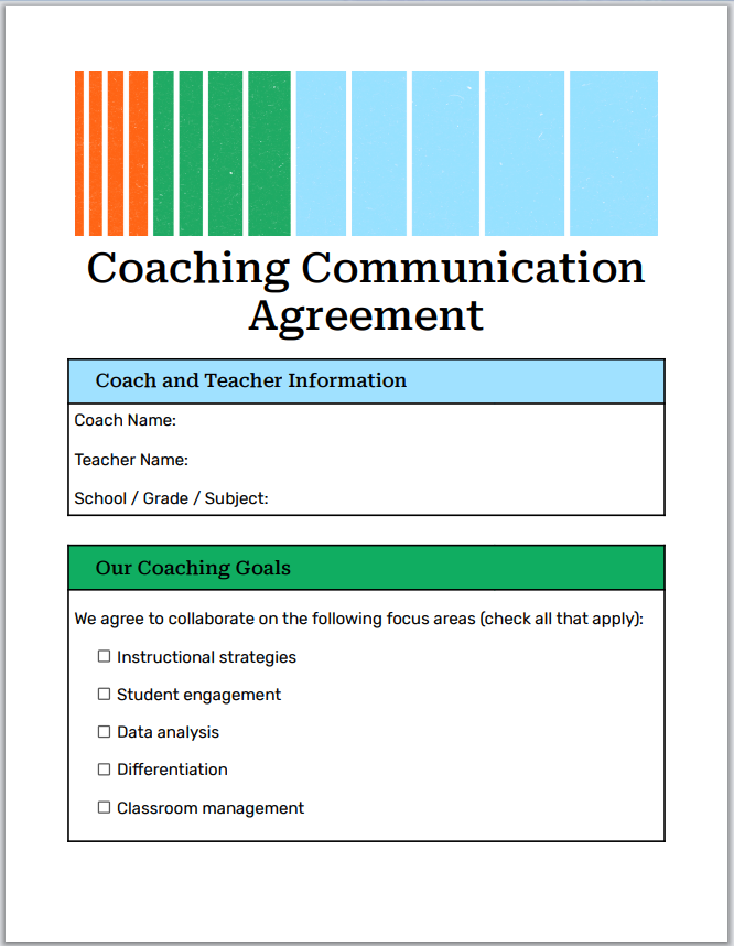 A structured form titled "Coaching Communication Agreement" featuring sections for coach and teacher details, and a checklist of coaching goals beneath a colorful abstract header design of vertical bars in orange, green, and blue.