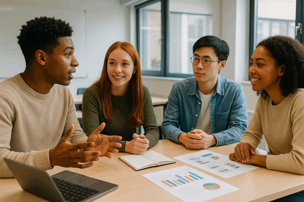 Four college students engaged in discussion around a table in a bright, modern classroom with laptops, charts, and notebooks in front of them.