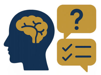 Silhouette of a human head with a brain inside next to two gold speech bubbles, one with a question mark and the other with checkmarks.
